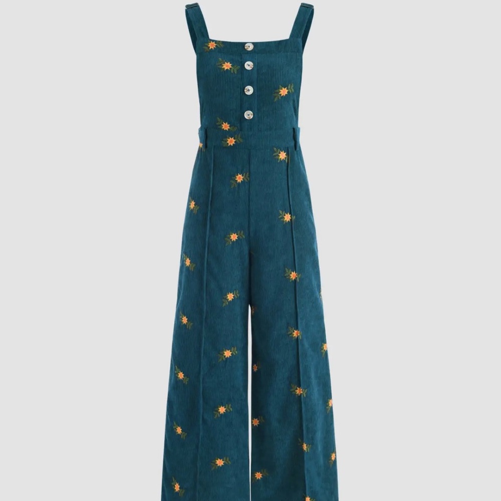 Teal Cider Jumpsuit/overalls  with Yellow Floral Embroidery
